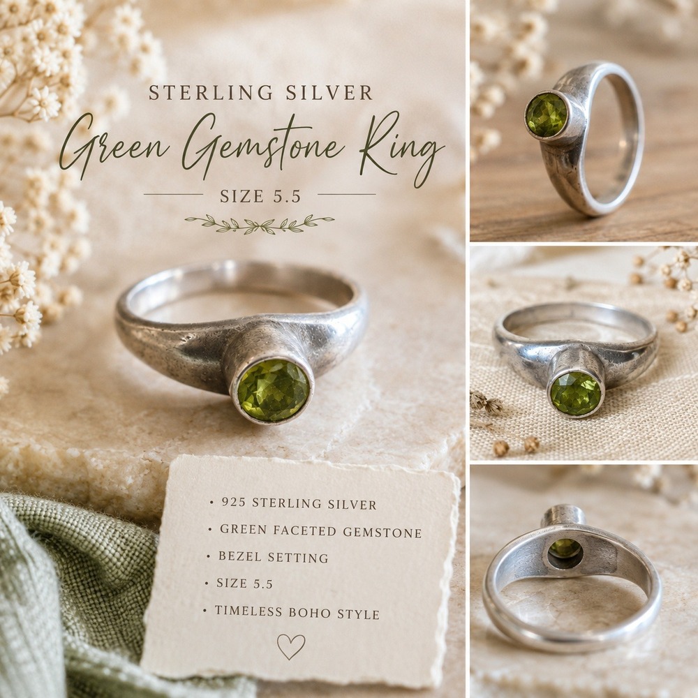 Sterling Silver 925 Peridot Ring Size 5.5 Bezel Set Boho Artisan Green Gemstone